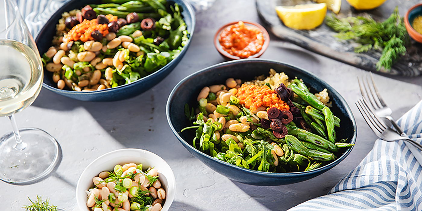 Mezze Bowls with Marinated White Beans & Red Pepper Pesto Mezze Bowls with Marinated White Beans & Red Pepper Pesto
