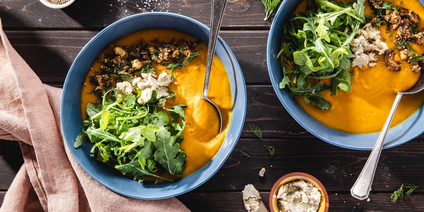 Gingered Carrot Soup with Herb Garlic Cashew Cheese & Dukkah Spice Gingered Carrot Soup with Herb Garlic Cashew Cheese & Dukkah Spice