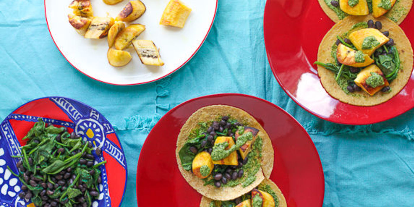 Plantain Tostadas with Black Beans, Spinach & Chimichurri Sauce Plantain Tostadas with Black Beans, Spinach & Chimichurri Sauce