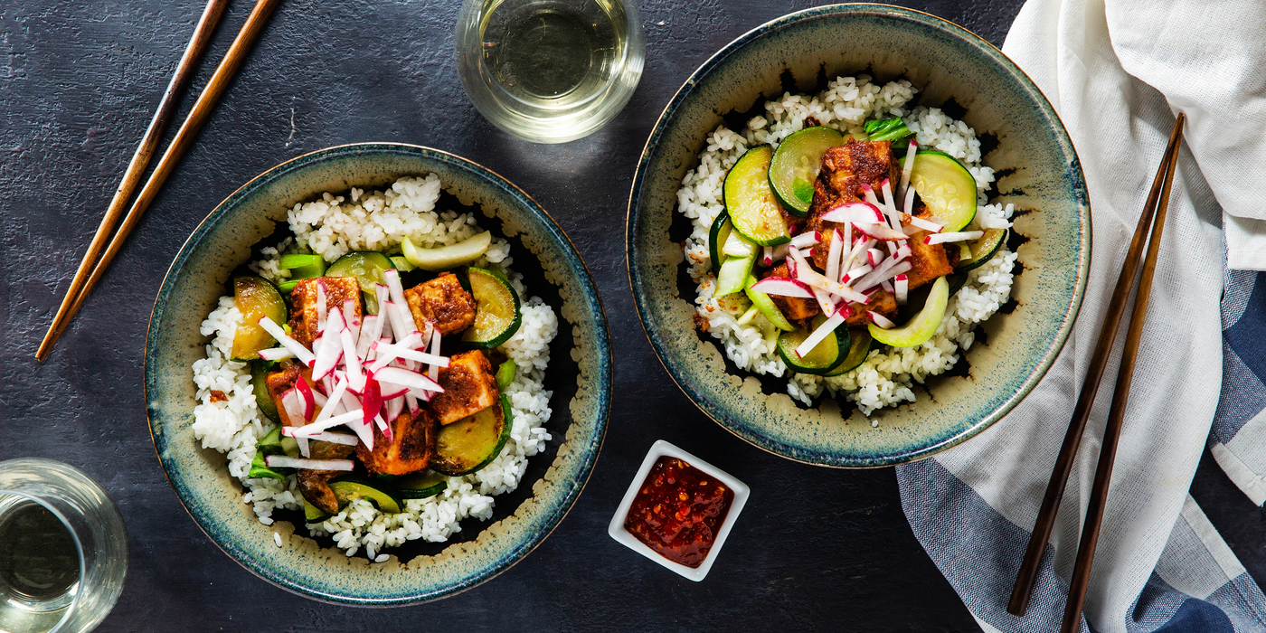 Almond Butter Tofu Bowls with Charred Zucchini & Bok Choy Almond Butter Tofu Bowls with Charred Zucchini & Bok Choy