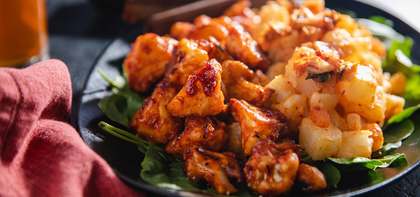Korean BBQ Cauliflower Wings with Kimchi Potato Salad