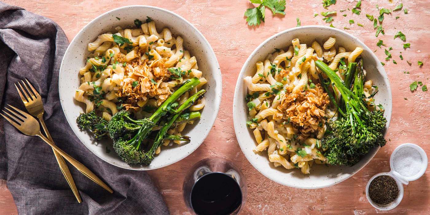 Cavatappi Carbonara with Roasted Broccolini & Coconut Bacon Cavatappi Carbonara with Roasted Broccolini & Coconut Bacon