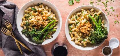 Cavatappi Carbonara with Roasted Broccolini & Coconut Bacon