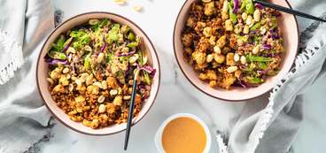 368 173 vegan sweet sesame tempeh with crunchy quinoa salad peanut sauce hero 2
