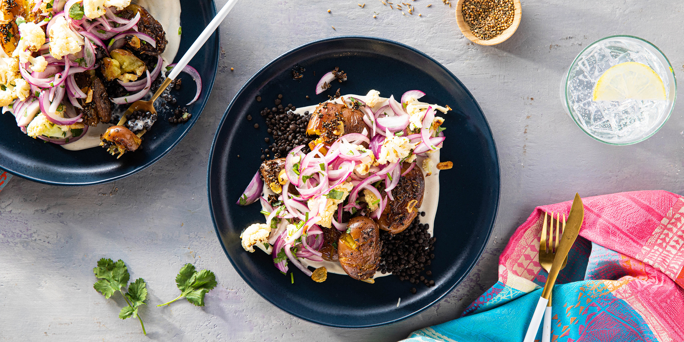 Crispy Bombay Potatoes with Cilantro Cauliflower Salad & Tahini Yogurt Crispy Bombay Potatoes with Cilantro Cauliflower Salad & Tahini Yogurt