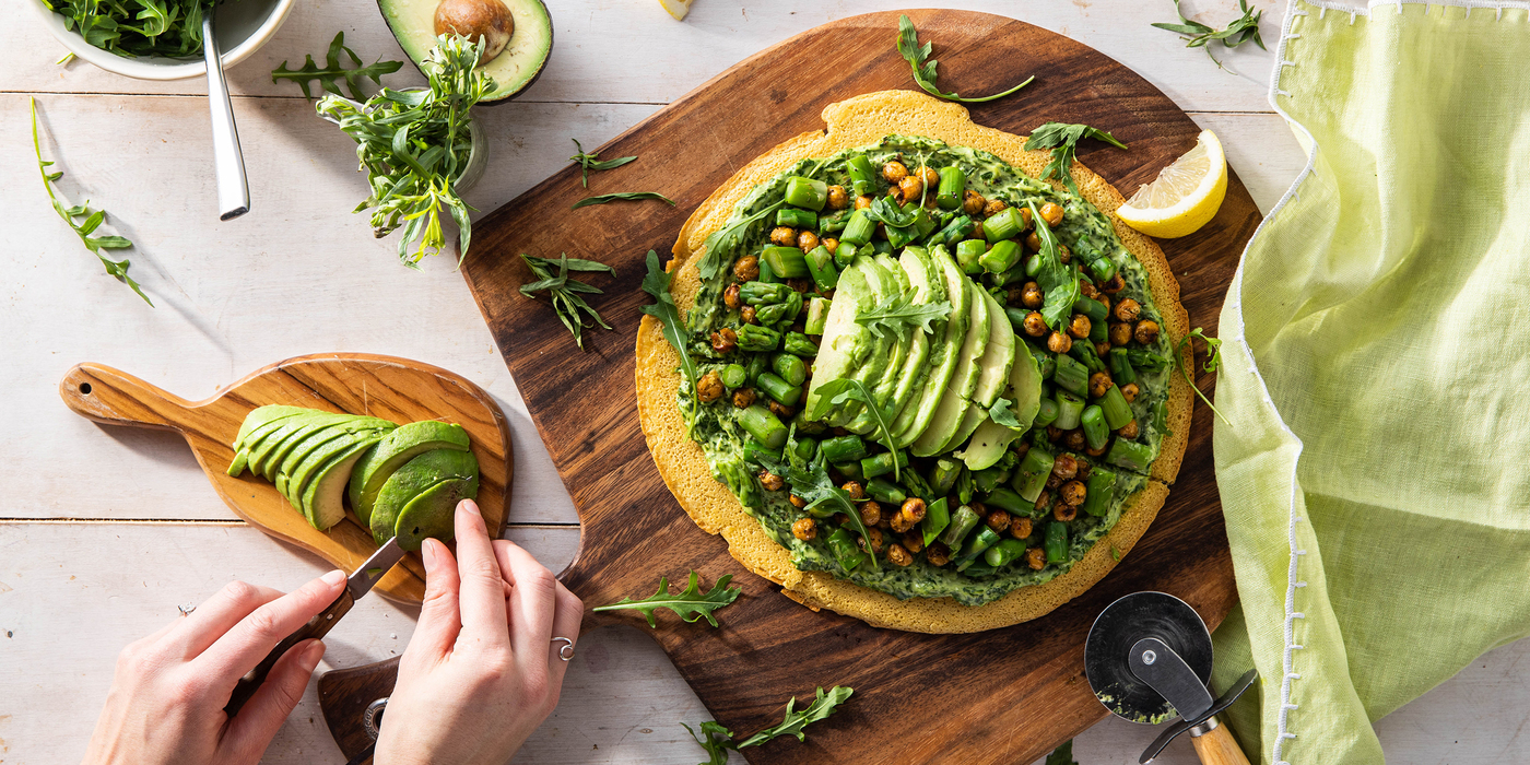 Green Goddess Socca Pizza with Asparagus & Tarragon Avocado Mayo Green Goddess Socca Pizza with Asparagus & Tarragon Avocado Mayo