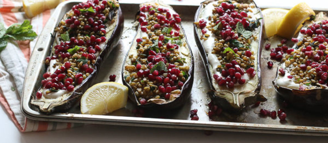 Roasted Eggplant over Freekeh with Spiced CuminTahini Cream