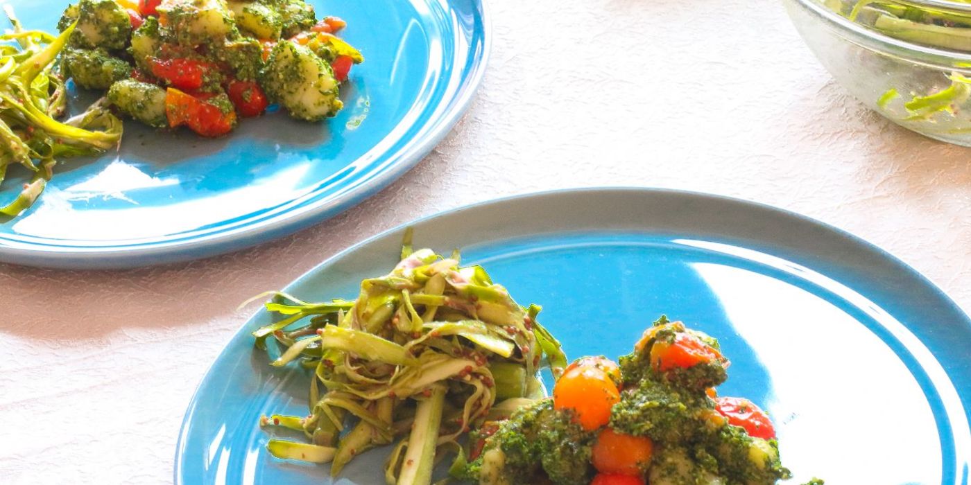 Potato Gnocchi in Arugula Pesto with Roasted Cherry Tomatoes and Shaved