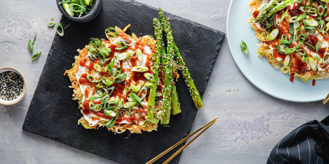 Okonomiyaki with BBQ Sauce & Sesame Asparagus Okonomiyaki with BBQ Sauce & Sesame Asparagus