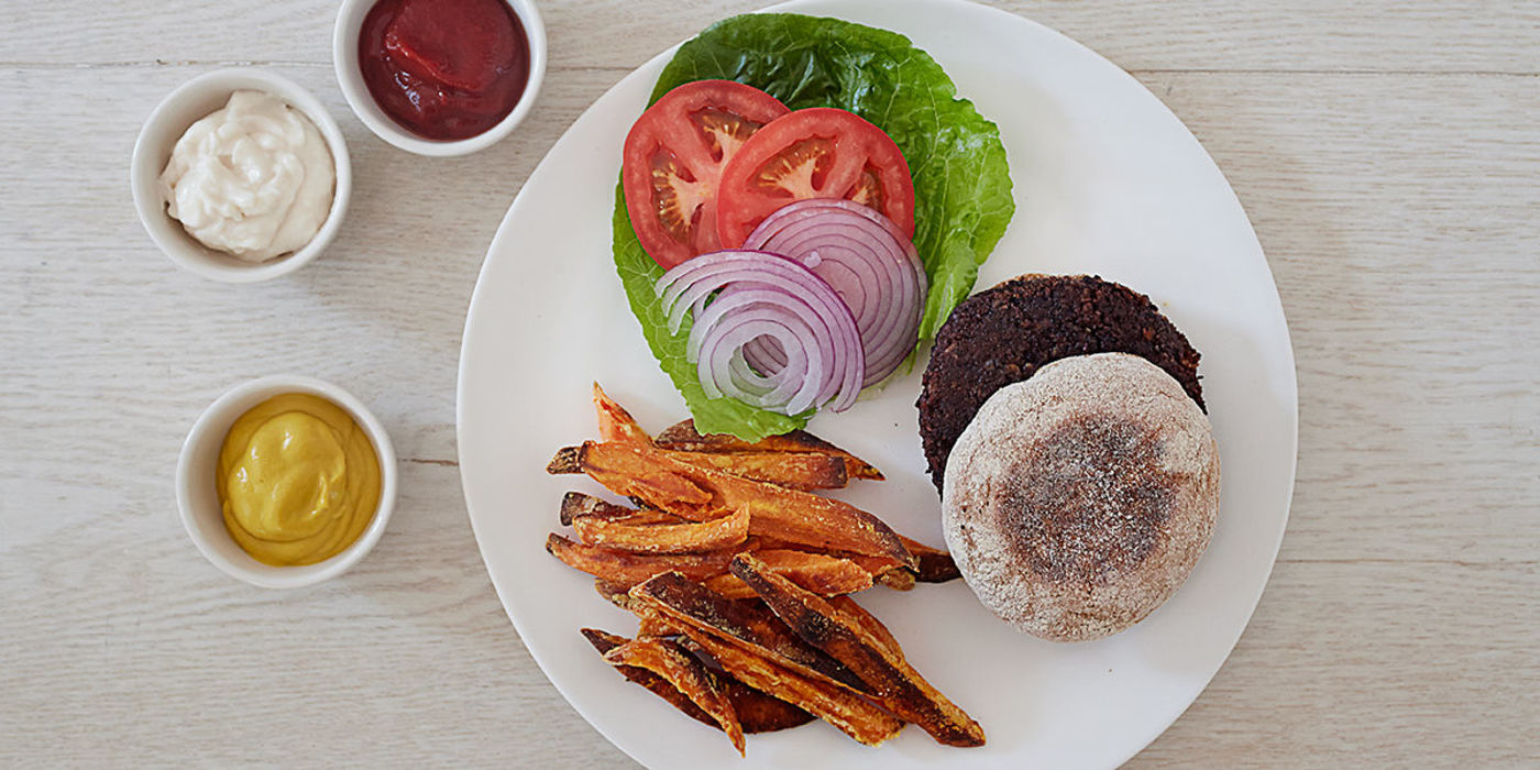 Black Bean Burgers with Spiced Sweet Potato Fries Black Bean Burgers with Spiced Sweet Potato Fries