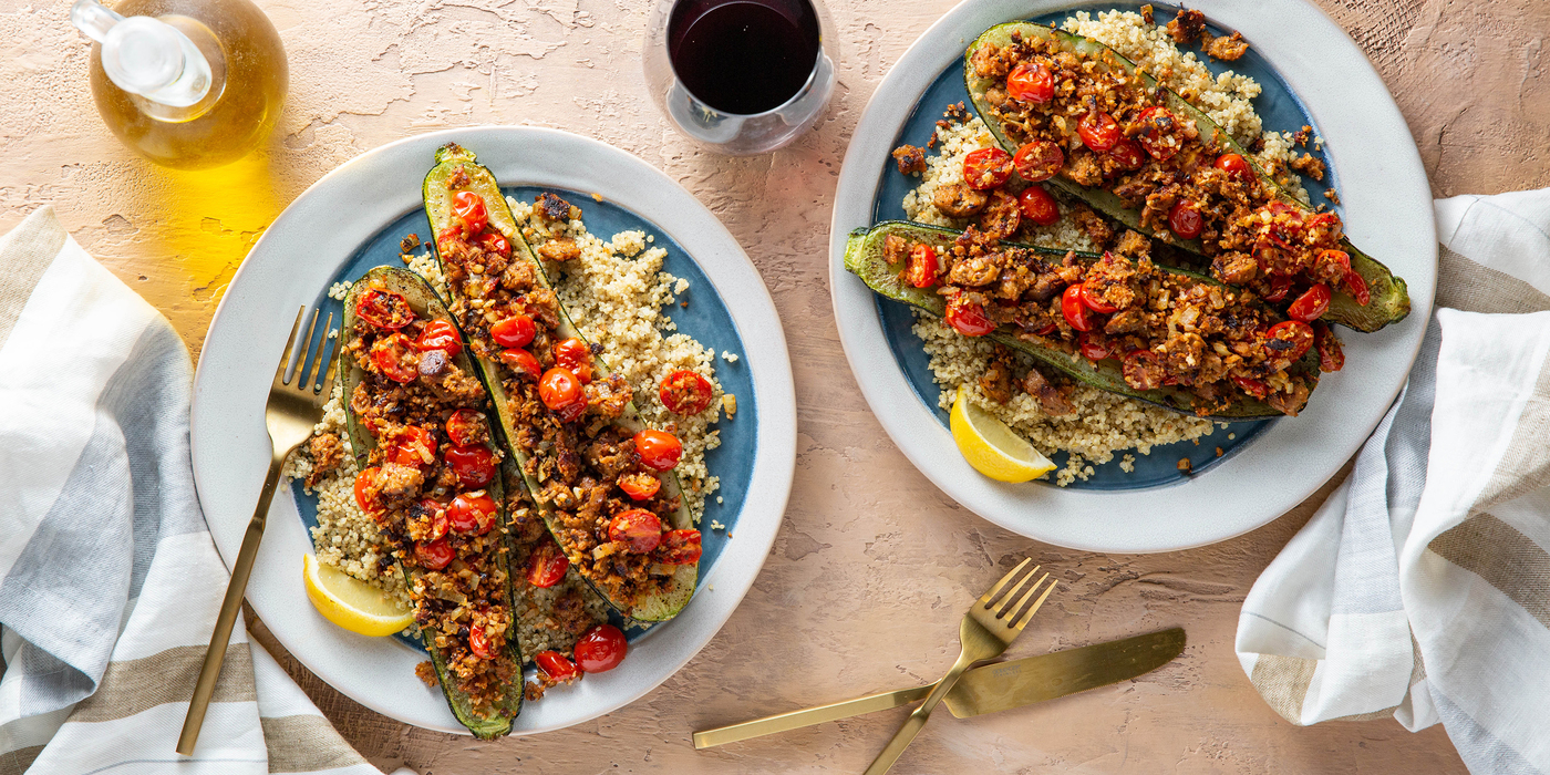 Tuscan Stuffed Zucchini with Herbed Sausage & Lemon Quinoa Tuscan Stuffed Zucchini with Herbed Sausage & Lemon Quinoa