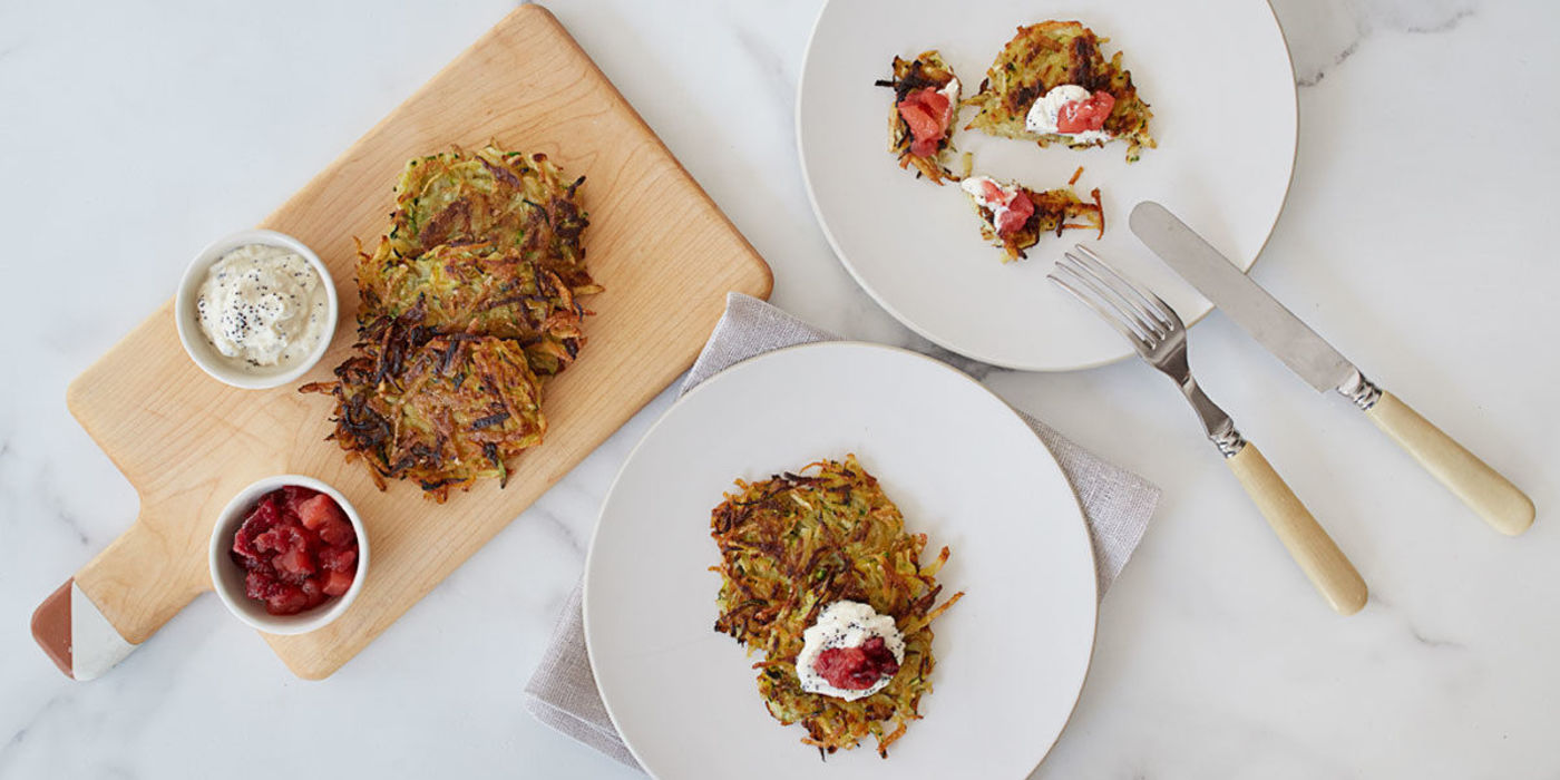 Latkes with Cran-Apple Compote and “Sour Cream” Latkes with Cran-Apple Compote and “Sour Cream”