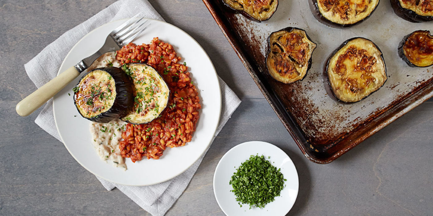 Eggplant Steaks with Mashed Cannellini and Farro Marinara Eggplant Steaks with Mashed Cannellini and Farro Marinara