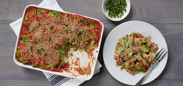 368 173 aa8b ac25 vegan creamy baked pasta with spinach dish hero