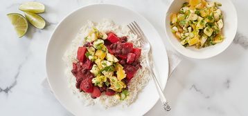 358 168 d476 3c8a vegan brazilian black beans and beets with coconut rice and tropical salsa hero