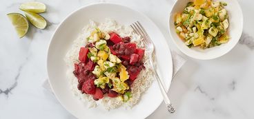 368 173 d476 3c8a vegan brazilian black beans and beets with coconut rice and tropical salsa hero