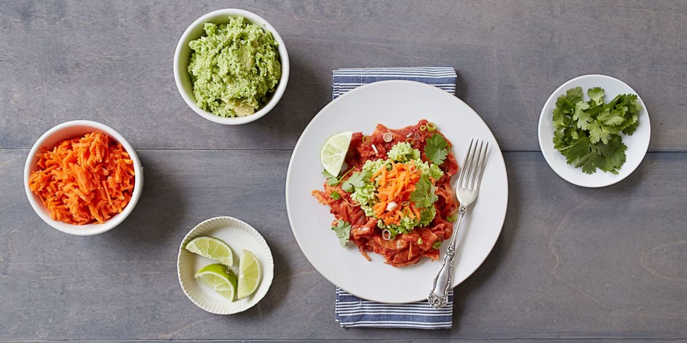 Chilaquiles with Edamame Guacamole and Pickled Carrots Chilaquiles with Edamame Guacamole and Pickled Carrots