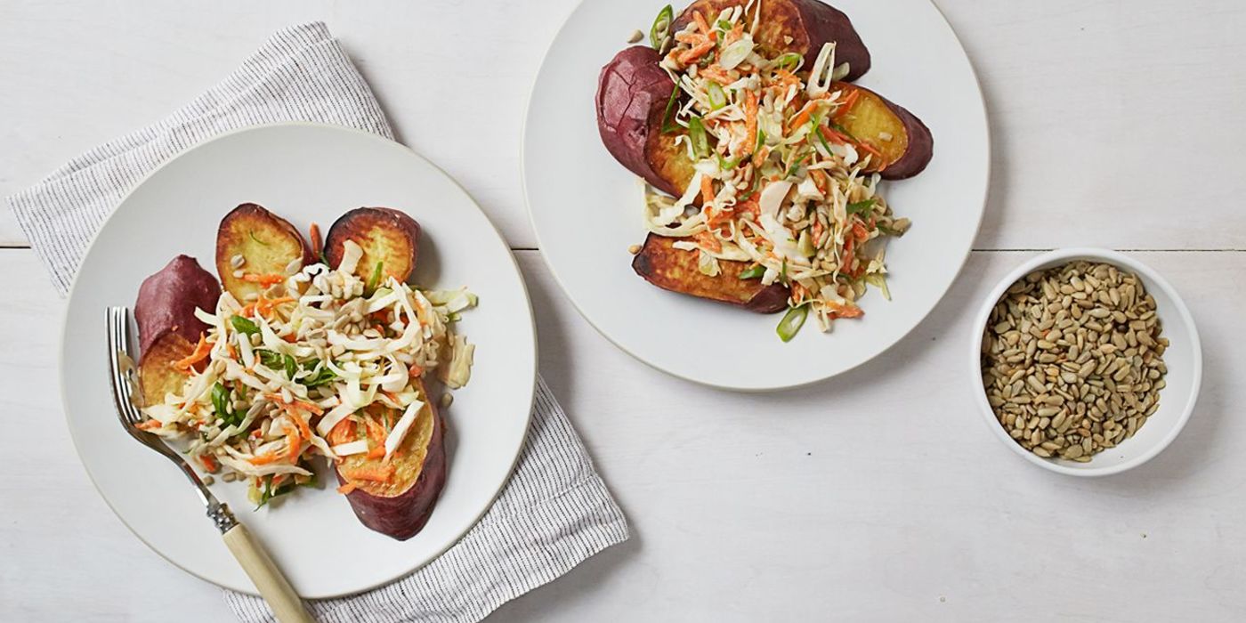 Roasted Japanese Sweet Potato with SunflowerMiso Slaw