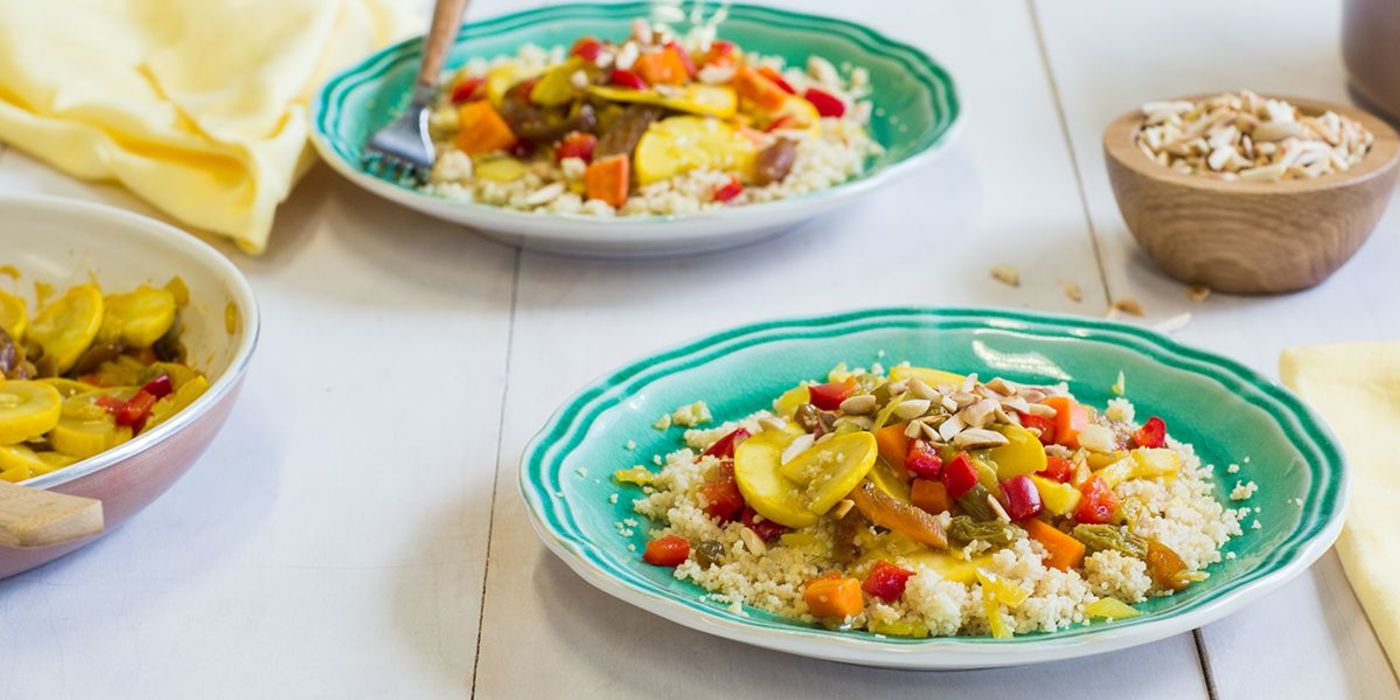Summer Squash Tagine with Golden Raisins and Moroccan Couscous