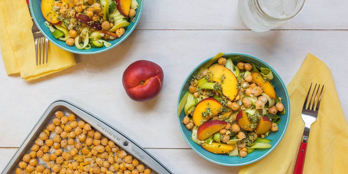 Zoodles with Pumpkin Seed Pesto, Nectarines, and Crispy Chickpeas Zoodles with Pumpkin Seed Pesto, Nectarines, and Crispy Chickpeas