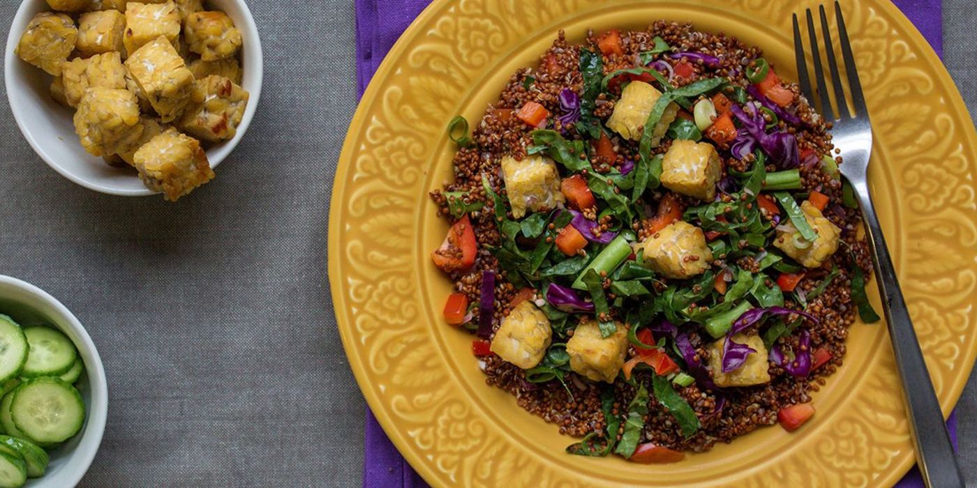 Confetti Quinoa with Sweet Tempeh Croutons and Cucumber Salad Confetti Quinoa with Sweet Tempeh Croutons and Cucumber Salad