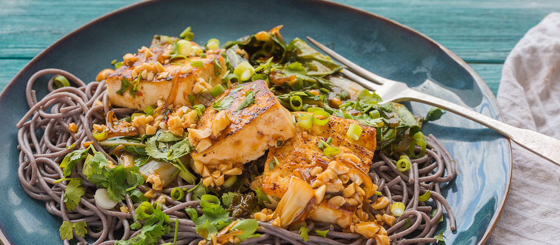 Pan-Seared Tofu over Black Rice Noodles - Seared Tofu And Sesame Black Bean Pasta