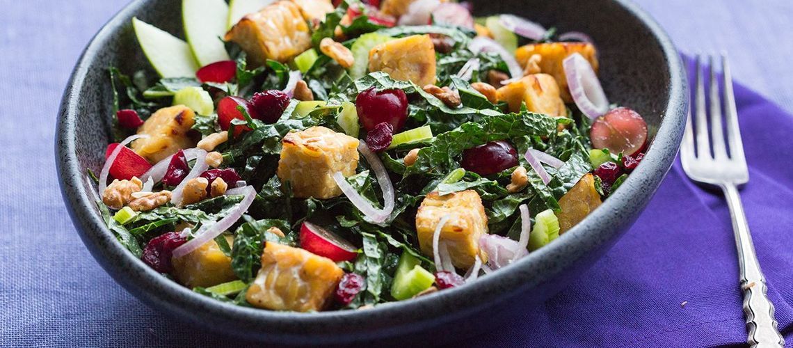 Kale Waldorf Salad with Baked Tempeh and CranberryWalnut Dressing