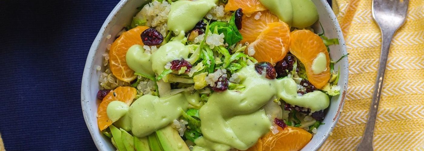 Warm Brussels Sprout Salad with Toasted Hazelnuts and Avocado Vinaigrette