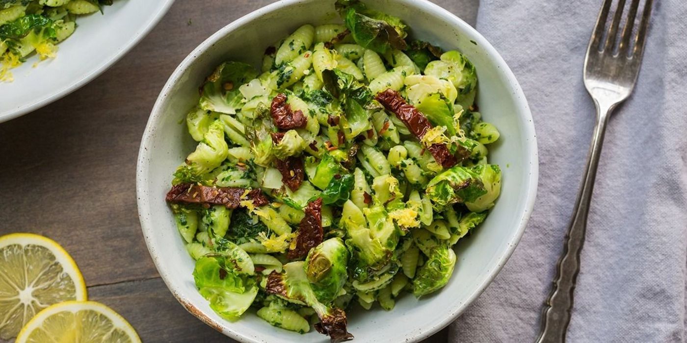 Kale Pesto Cavatelli with Crispy Brussels and Sundried Tomatoes image Kale Pesto Cavatelli with Crispy Brussels and Sundried Tomatoes image