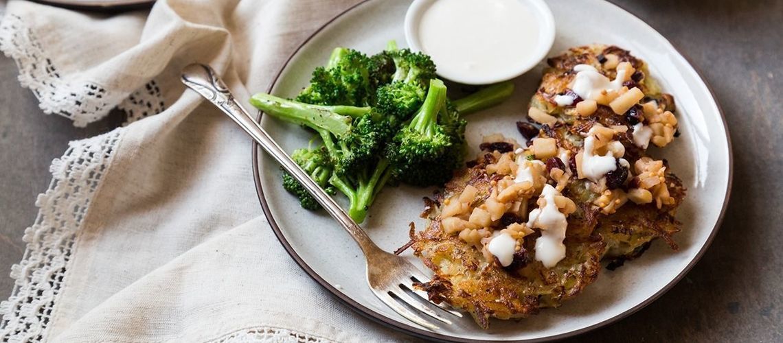 Latkes with Horseradish Cream, Apple Chutney, and Sauteed Broccoli Latkes with Horseradish Cream, Apple Chutney, and Sauteed Broccoli