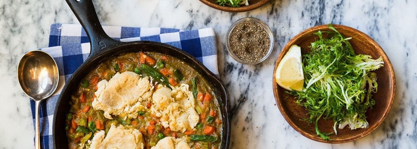 Vegetable Pot Pie with Drop Biscuits and Frisee Salad