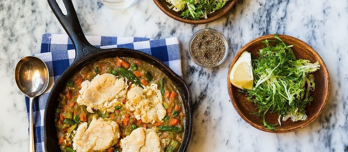 Vegetable Pot Pie with Drop Biscuits and Frisee Salad Vegetable Pot Pie with Drop Biscuits and Frisee Salad