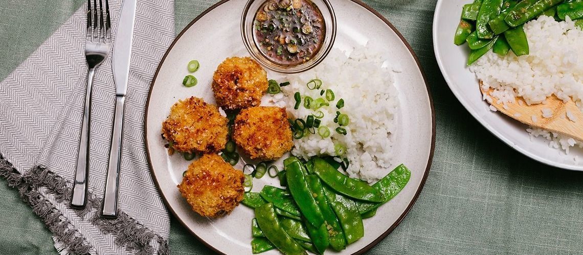 Potato Korokke with Sushi Rice and Gingered Snow Peas Potato Korokke with Sushi Rice and Gingered Snow Peas