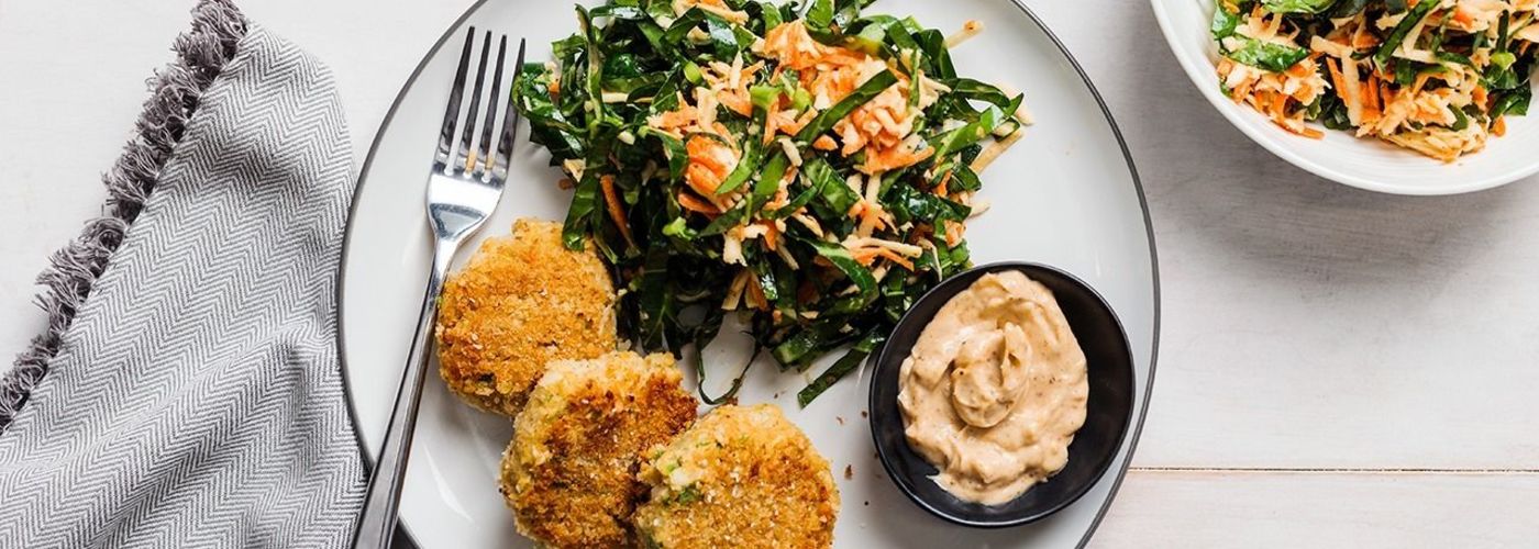 Fabcakes with Collard Slaw and Old Bay Aioli