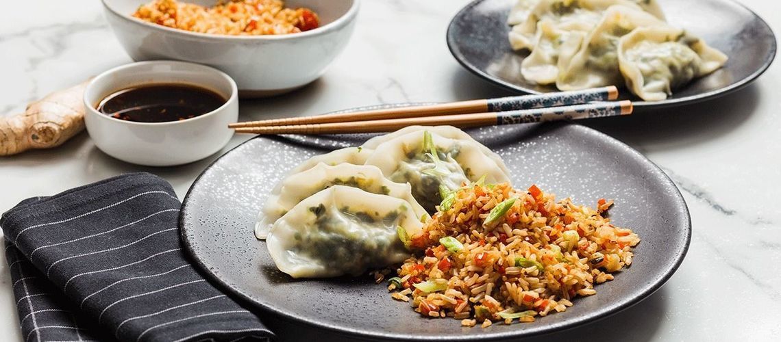 Mustard Green and Edamame Dumplings with Ginger Fried Rice Mustard Green and Edamame Dumplings with Ginger Fried Rice