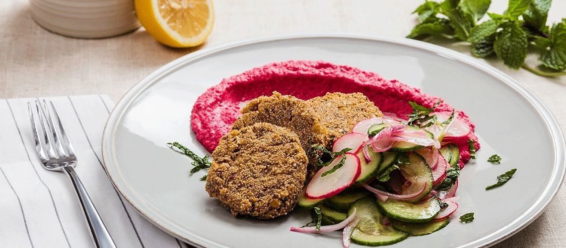 Amaranth Fritter Mezze with Beet Hummus & Minted Cucumber Salad Amaranth Fritter Mezze with Beet Hummus & Minted Cucumber Salad