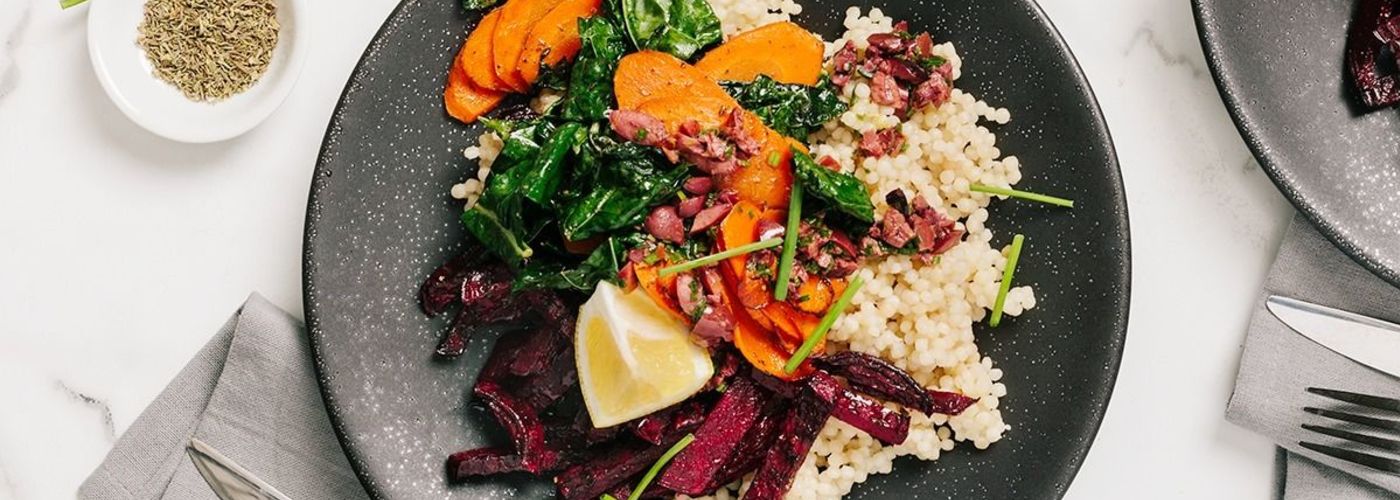 Winter Roasted Vegetables over Couscous with Kalamata Olive Vinaigrette