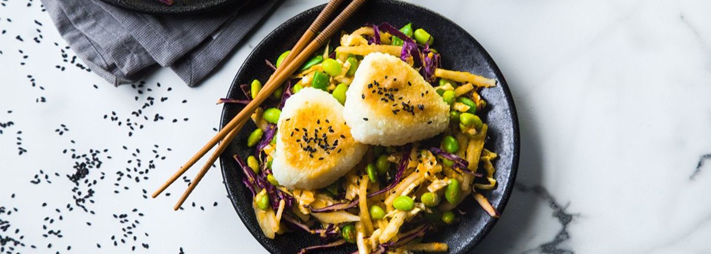Yaki Onigiri with Edamame Cabbage and Carrot Ginger Dressing