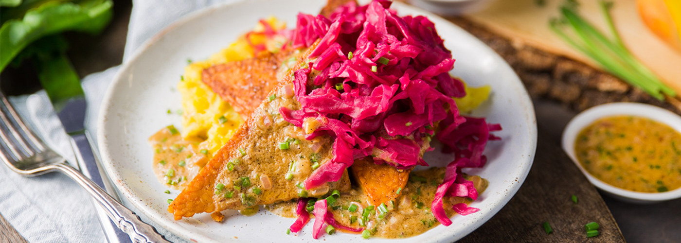 Mustard Glazed Tempeh with Red Kraut and Smashed Beets