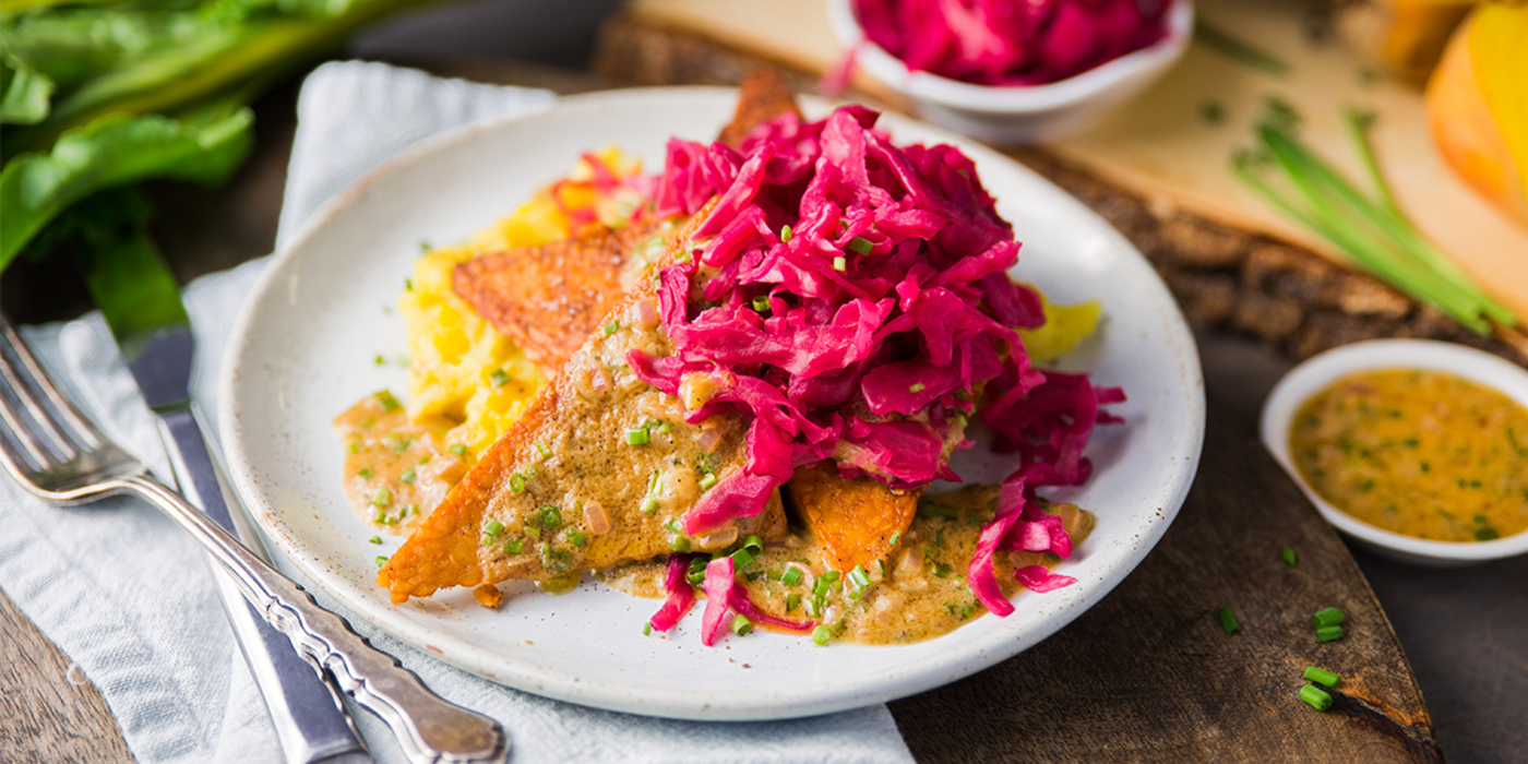Mustard Glazed Tempeh with Red Kraut and Smashed Beets Mustard Glazed Tempeh with Red Kraut and Smashed Beets
