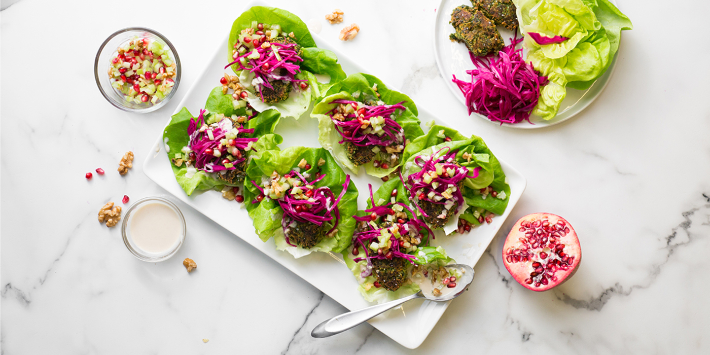 Green Falafel Mezze with Celery Pomegranate Relish & Lemon Tahini Green Falafel Mezze with Celery Pomegranate Relish & Lemon Tahini