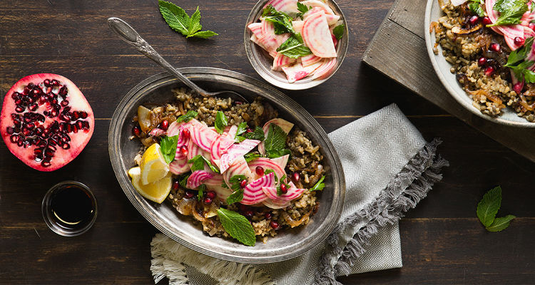Pomegranate Mujaddara with Caramelized Onions and Herbed Beet Salad Pomegranate Mujaddara with Caramelized Onions and Herbed Beet Salad