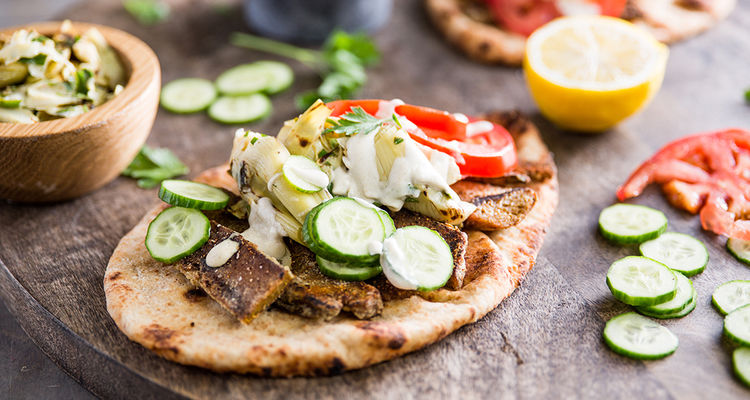 Seitan Gyro with Shaved Artichoke Salad and Tahini Yogurt Seitan Gyro with Shaved Artichoke Salad and Tahini Yogurt