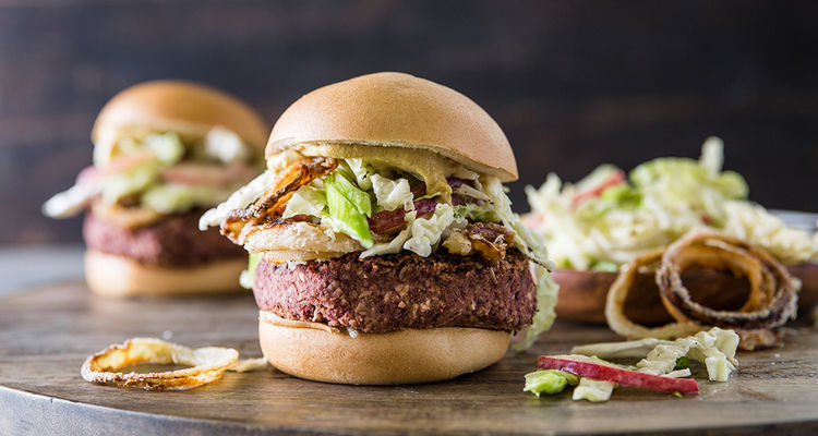 Bean Burger with Crispy Onions and Peach Slaw Bean Burger with Crispy Onions and Peach Slaw