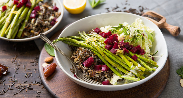 Date Almond Pilaf with Lemon Asparagus and Minty Cabbage Slaw Date Almond Pilaf with Lemon Asparagus and Minty Cabbage Slaw