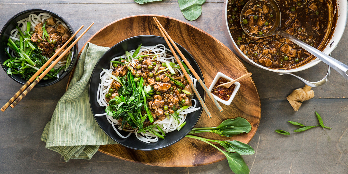 Mapo Tofu with Rice Noodles and Yu Choy