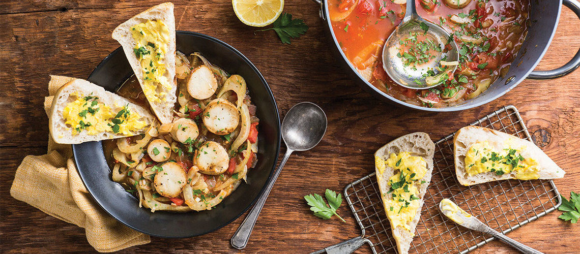 “Scallop” Cioppino with Saffron Toasts “Scallop” Cioppino with Saffron Toasts