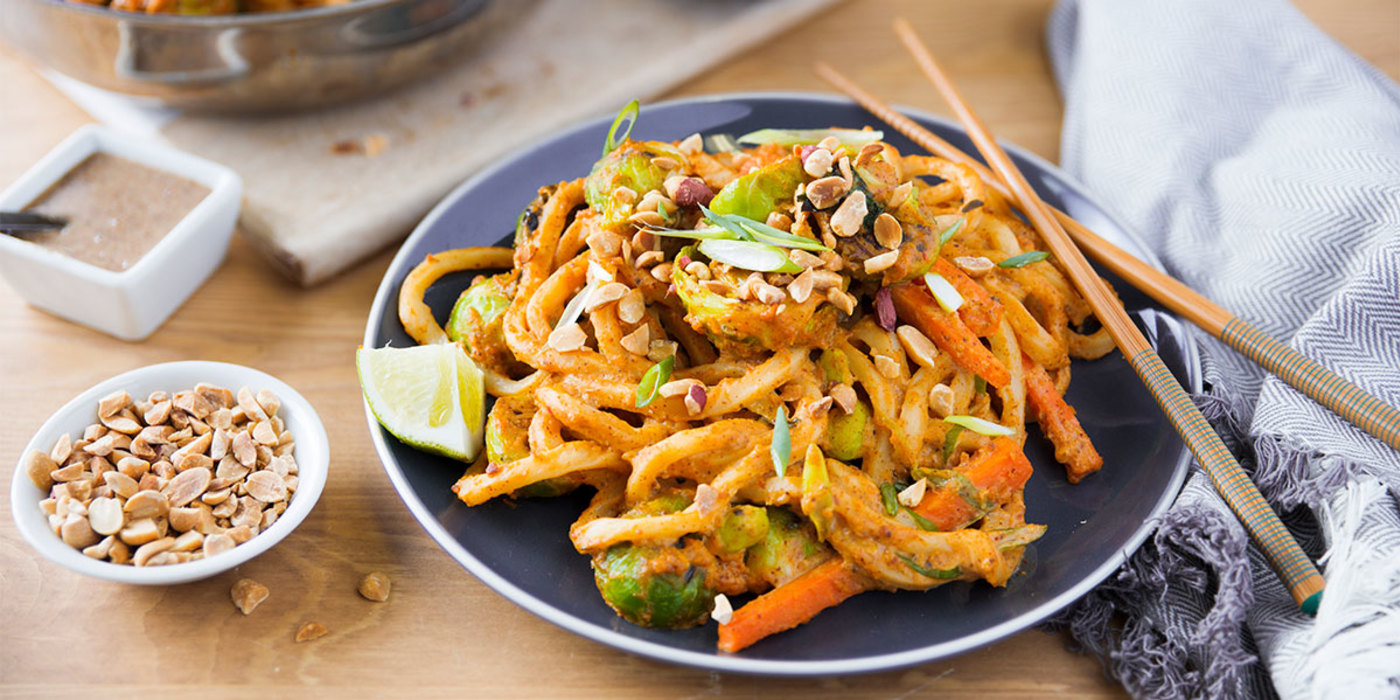 Spicy Almond Butter Udon with Charred Brussels Sprouts Spicy Almond Butter Udon with Charred Brussels Sprouts