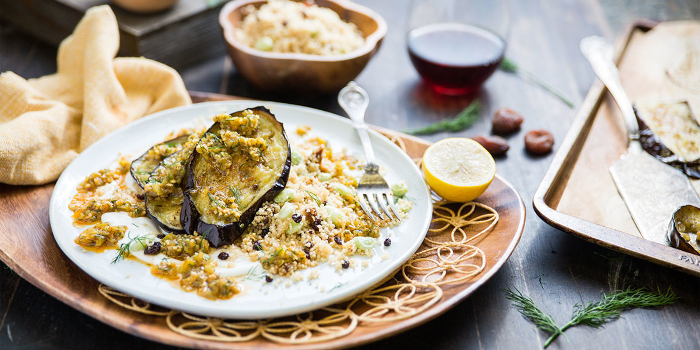 Mediterranean Eggplant with Cubanelle Chermoula and Apricot Couscous Mediterranean Eggplant with Cubanelle Chermoula and Apricot Couscous