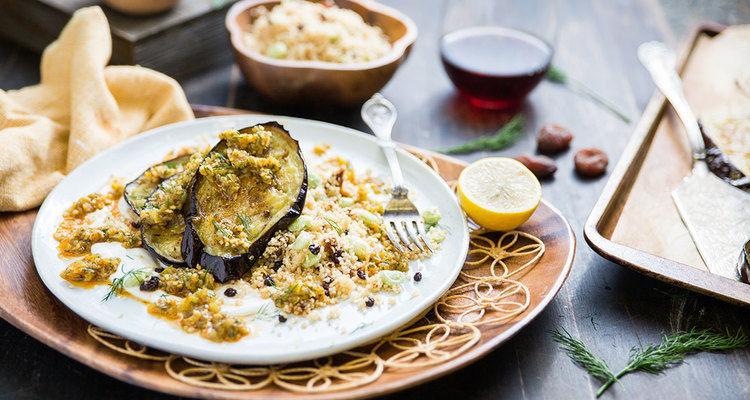 Mediterranean Eggplant with Cubanelle Chermoula and Apricot Couscous Mediterranean Eggplant with Cubanelle Chermoula and Apricot Couscous